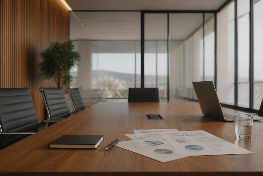 Modern financial advisory conference room with warm natural light.