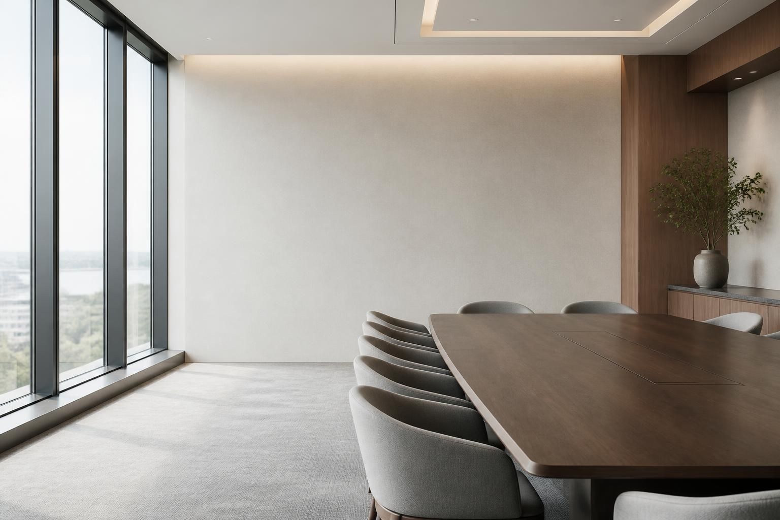 Bright professional meeting room with open space for text overlay.